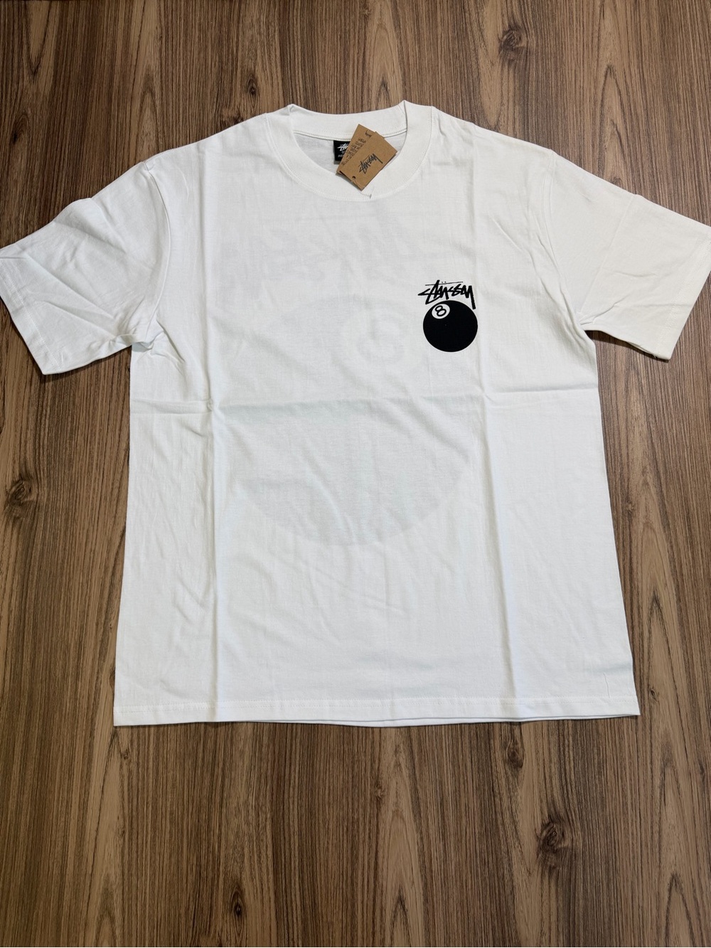 Stussy White Short-Sleeve Tee with Black 8-Ball Logo